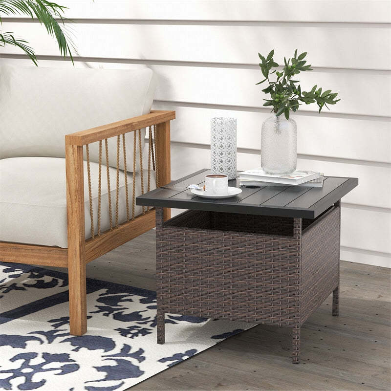 22" Wicker Outdoor Table Patio Rattan Square Side Table with HDPE Tabletop & Umbrella Hole