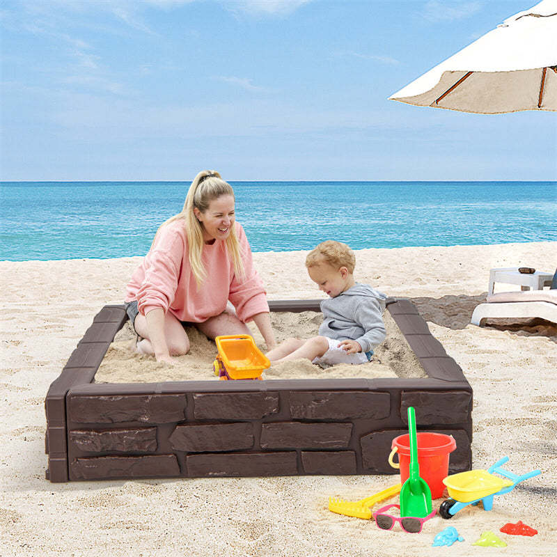 4FT Kids Sandbox, Weather Resistant HDPE Square Sand Pit with Oxford Cover & Bottom Liner for Outdoor Backyard, Lawn, Garden & Beach Play