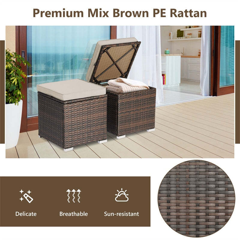 2PCS Wicker Patio Ottomans Hand-Woven PE Rattan Multipurpose Outdoor Footstool Side Table with Removable Cushions & Hidden Storage Box
