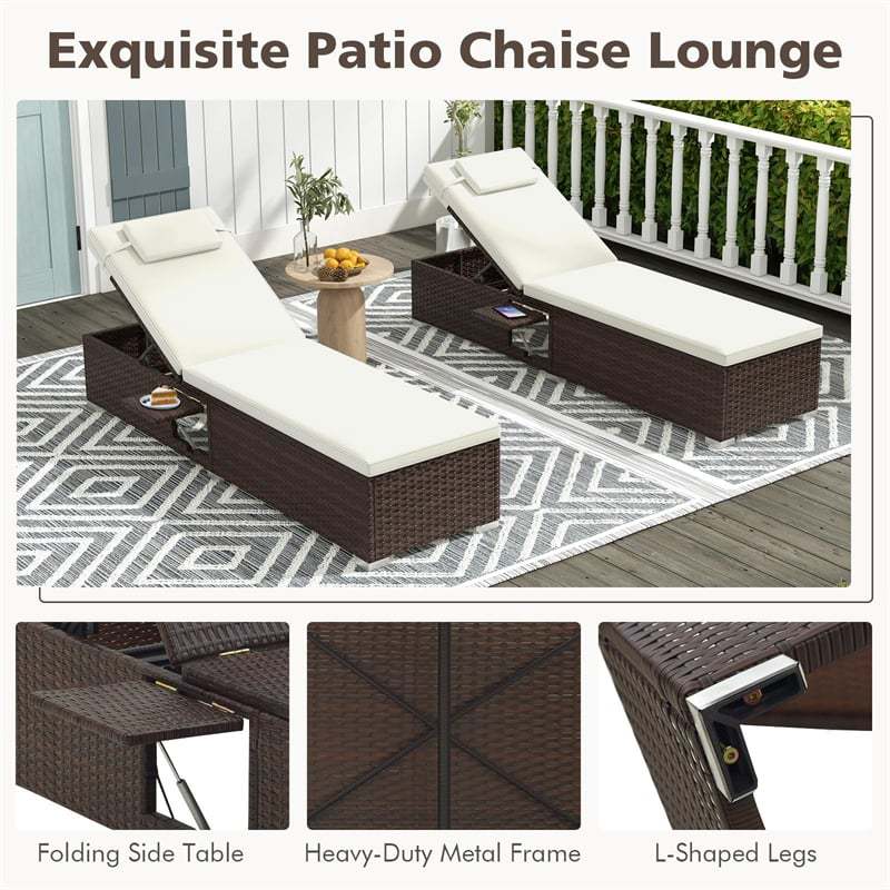 Patio Chaise Lounge Set of 2, Outdoor Rattan Lounge Chairs with 6-Level Adjustable Backrest, Cushions & Headrests, Metal Frame for Backyard