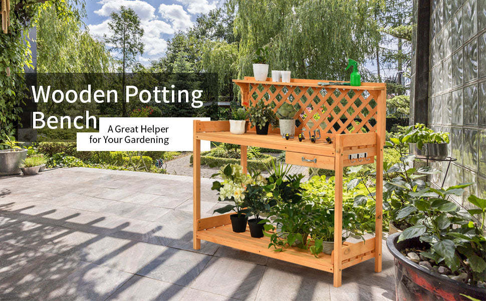 Outdoor Garden Wood Potting Bench Workstation Bench with Storage & Hook