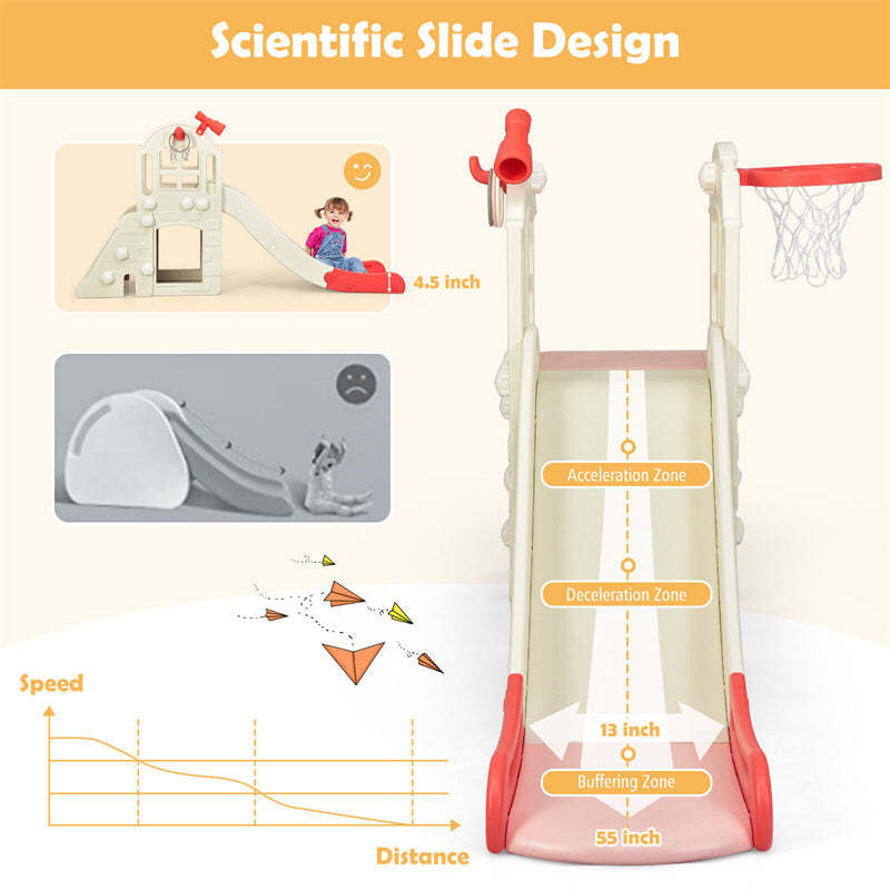 6-in-1 Large Slide for Kids, Toddler Climber Slide Playset with Basketball Hoop, Ring Toss, Freestanding for Indoor & Outdoor Use