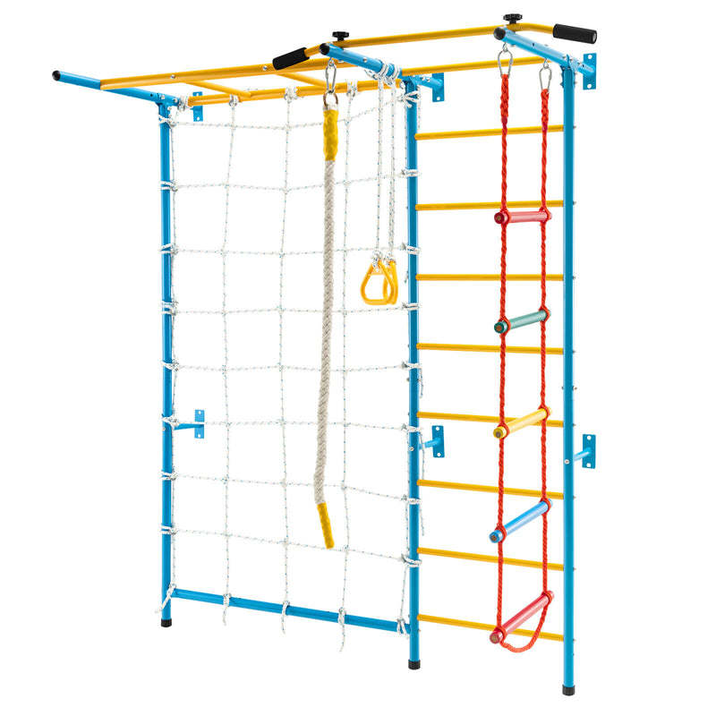 7-in-1 Kids Indoor Jungle Gym, Steel Swedish Wall Ladder Set with Pull-Up Bar, Rope & Gymnastic Rings, Home Climber Ladder Playground for Boys Girls