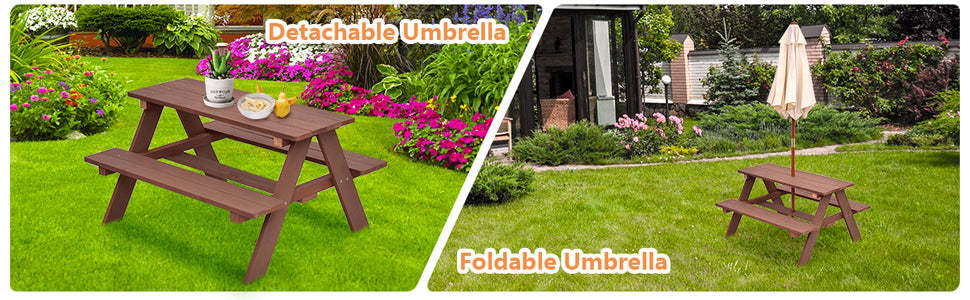 Kids Outdoor Picnic Table Toddler Wood Patio Table & Bench Set with Removable Folding Umbrella for Backyard Garden Lawn