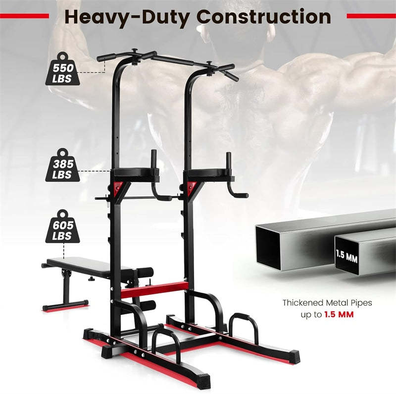 Adjustable Power Tower Multifunctional Pull-Up Bar Stand Dip Station Home Gym Equipment Full Body Workout Machine with Foldable Weight Bench
