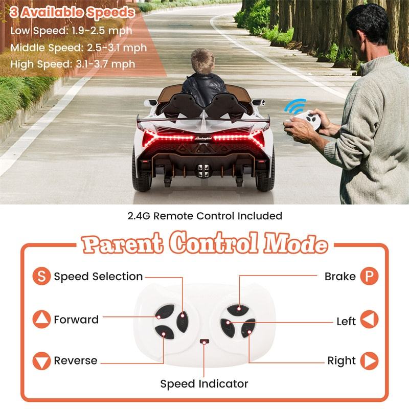 12V Kids Ride-On Car, Licensed Lamborghini 4WD Sports Car with Remote, LED Lights, Hydraulic Doors, Battery-Powered Electric Vehicle, Ages 3-8
