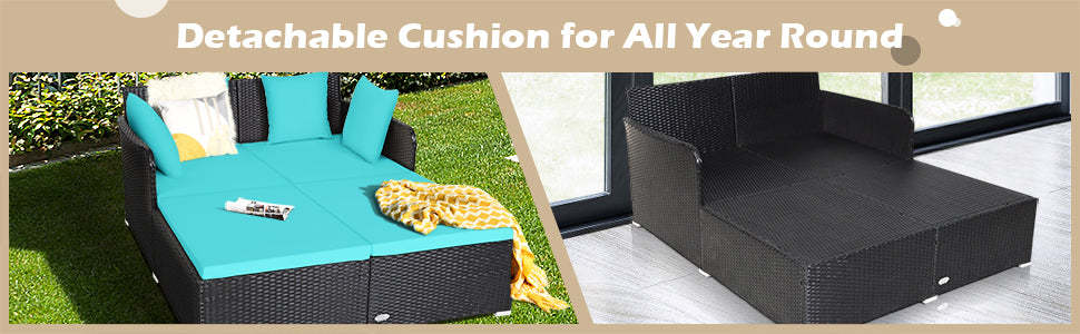 Outdoor Rattan Daybed Wicker Patio Cushioned Sofa Furniture with Pillows & Seat
