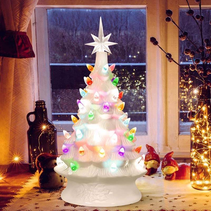 14 Inch Hand-Painted White Tabletop Ceramic Christmas Tree with 12 Built-in Lights and Top Star