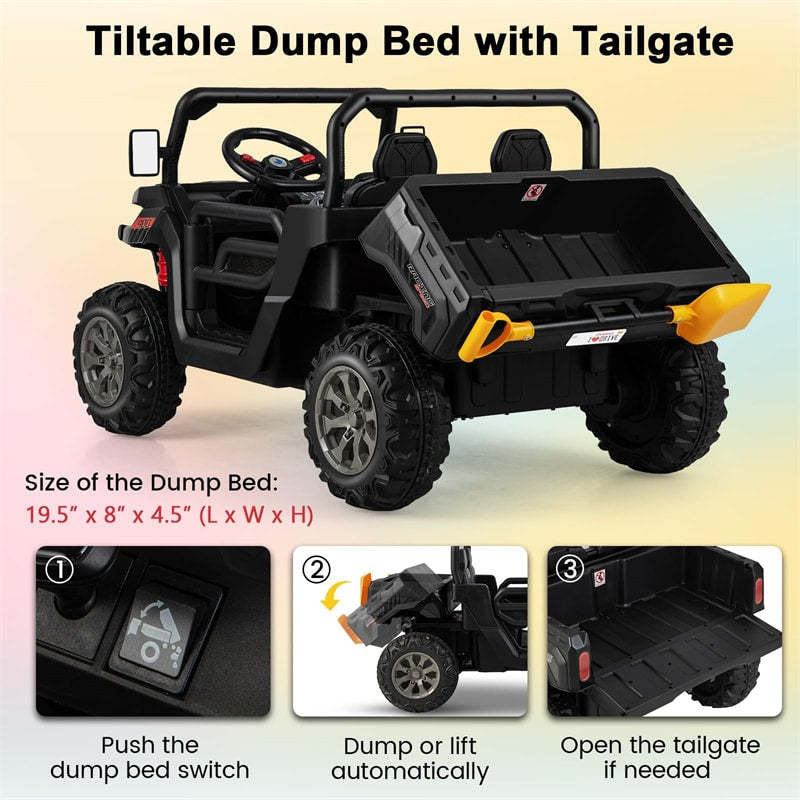 24V Kid Ride on Car 2-Seater Electric Off-Road Dump Truck Battery Powered Ride On UTV with Remote Control Dump Bed Shovel