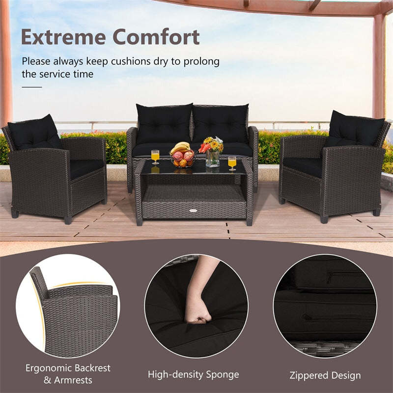 4 Piece Outdoor Rattan Furniture Set, Patio Conversation Set with Lower Shelf Coffee Table, Loveseat, 2 Cushioned Chairs for Garden Backyard