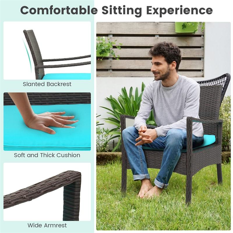 4 Piece Patio Rattan Conversation Set Wicker Chairs Loveseat with Seat Cushions & Tempered Glass Coffee Table