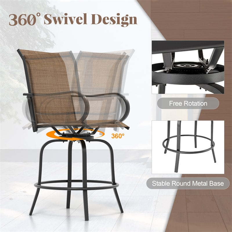Swivel Outdoor Bar Stools Set of 2 All-Weather Steel Frame Bar Height Patio Chairs High Back with Curved Armrests