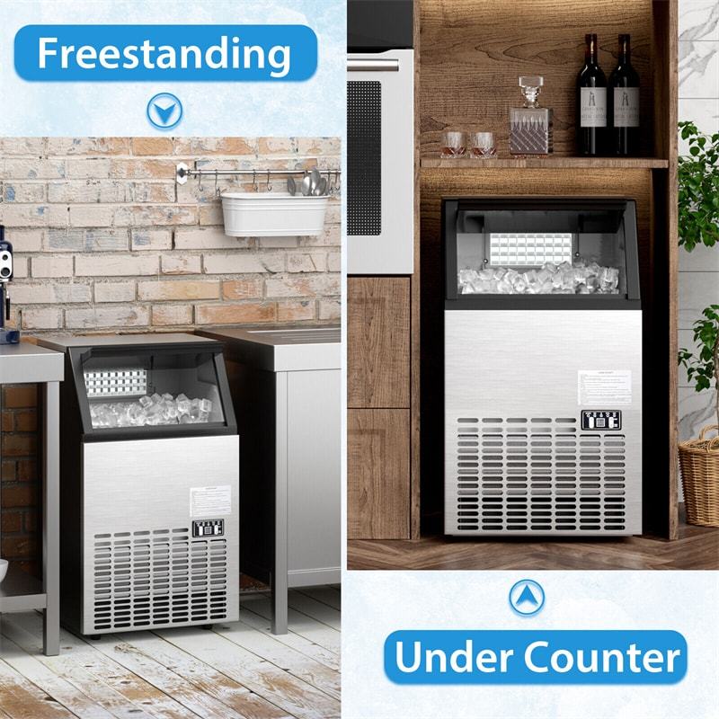 Commercial Ice Maker 110LBS/24H Freestanding Built-in Stainless Steel Portable Ice Maker Machine with Ice Scoop & Drain Inlet Hoses