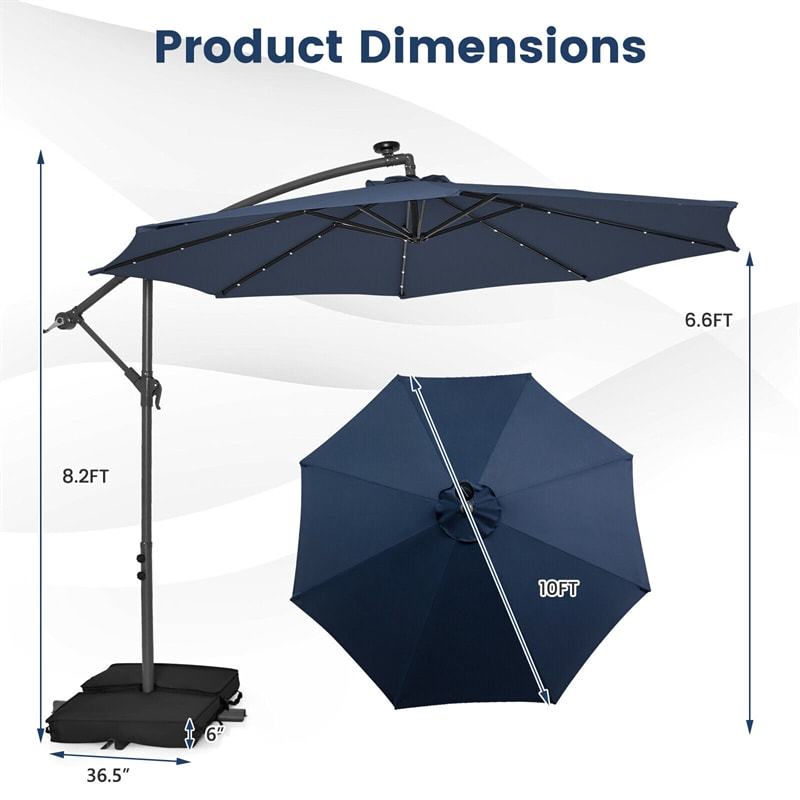 10FT Solar Offset Patio Umbrella, Hanging Cantilever Umbrella with 32 LED Lights, Adjustable Tilt, Sand Bag Base for Garden, Poolside, Yard
