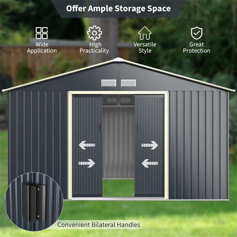 11 x 8FT Galvanized Steel Storage Shed with Lockable Double Sliding Doors & 4 Vents, Large Outdoor Garden Tool Shed for Backyard, Patio, Lawn