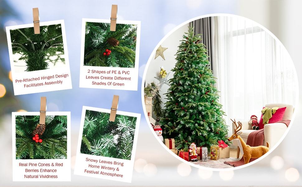 7FT Pre-Lit Snowy Hinged Artificial Christmas Tree with Multicolor LED Lights and Flash Modes