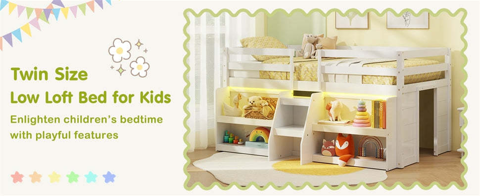 Twin Low Loft Bed for Kids, Wooden Loft Bed with Adjustable LED Lights, Stairs, Safety Guardrail, Storage Bookcase & Under Bed Play Area