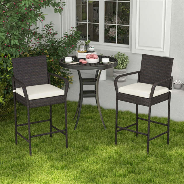 Bestoutdor PE Wicker Bar Stools Set of 2 Heavy Duty Frame Rattan Patio Bar Chairs 29.5" High Back Barstools with Armrests & Soft Cushions