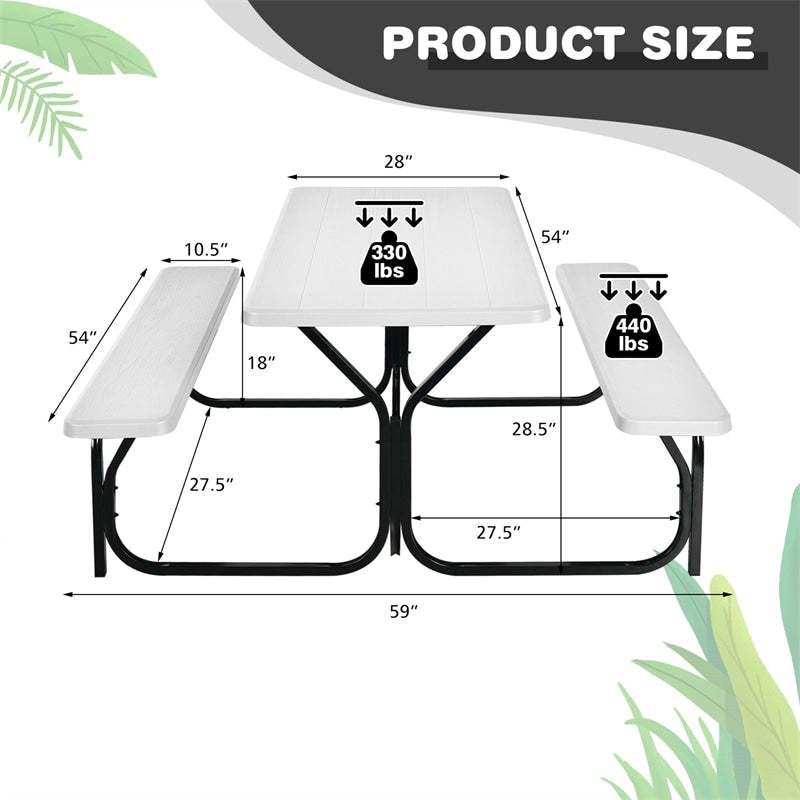 Outdoor Picnic Table Bench Set, All-Weather Metal Frame Camping Table with Built-in Benches & Wood-Like Tabletop for Backyard, Patio, Poolside