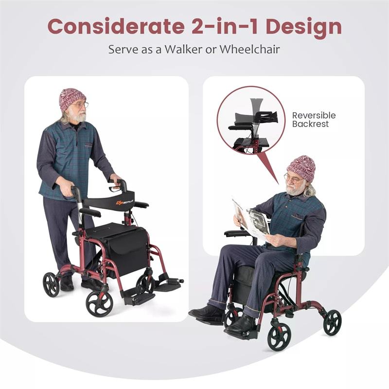 2-in-1 Folding Rollator Walker Wheelchair Combo with Backrest & Adjustable Height, 300lbs Aluminum Mobility Walking Aid for Seniors/Adults