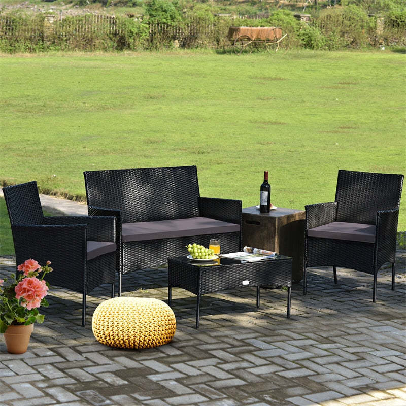 4 PCS Outdoor Wicker Conversation Set Rattan Loveseat Chair with Coffee Table & 6 Seat Cushion Covers