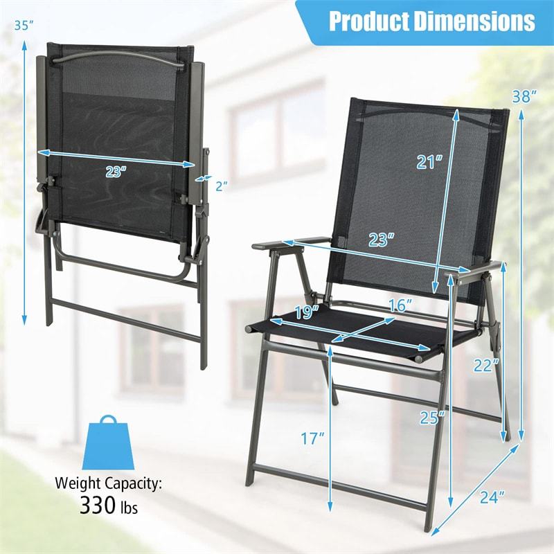 2PCS Outdoor Folding Chairs Weather-Resistant High Back Patio Dining Chairs Metal Frame Portable Chairs with Armrests & Footrest