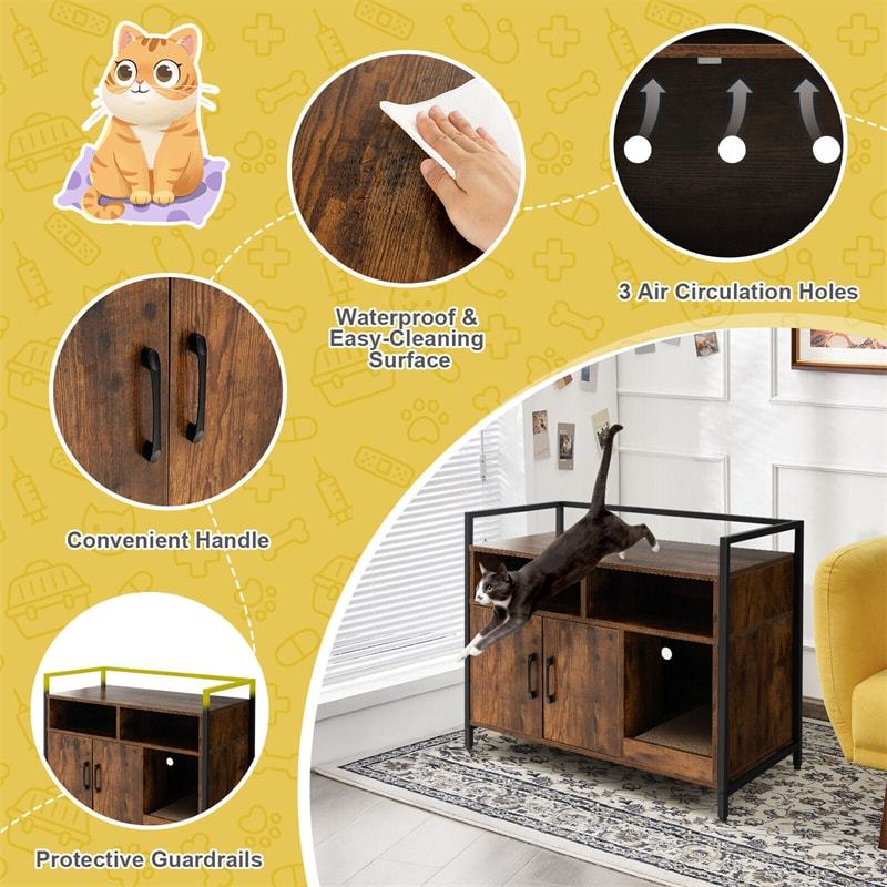 Large Cat Litter Box Enclosure 2-Door Wood Hidden Cat Washroom Furniture with Winding Entry, Scratcher & 2 Compartments