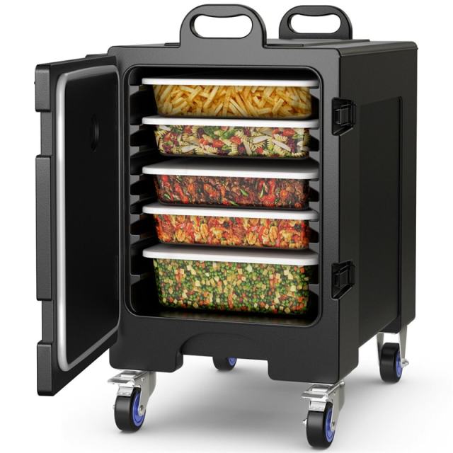 81 Quart End-Loading Insulated Food Pan Carrier for 5 Full-Size Pans, Stackable Food Warmer Hot Box for Catering with Fastener & Wheels