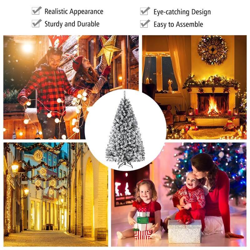 6 Feet Artificial Snow Decorated Flocked Hinged Christmas Tree with Metal Stand