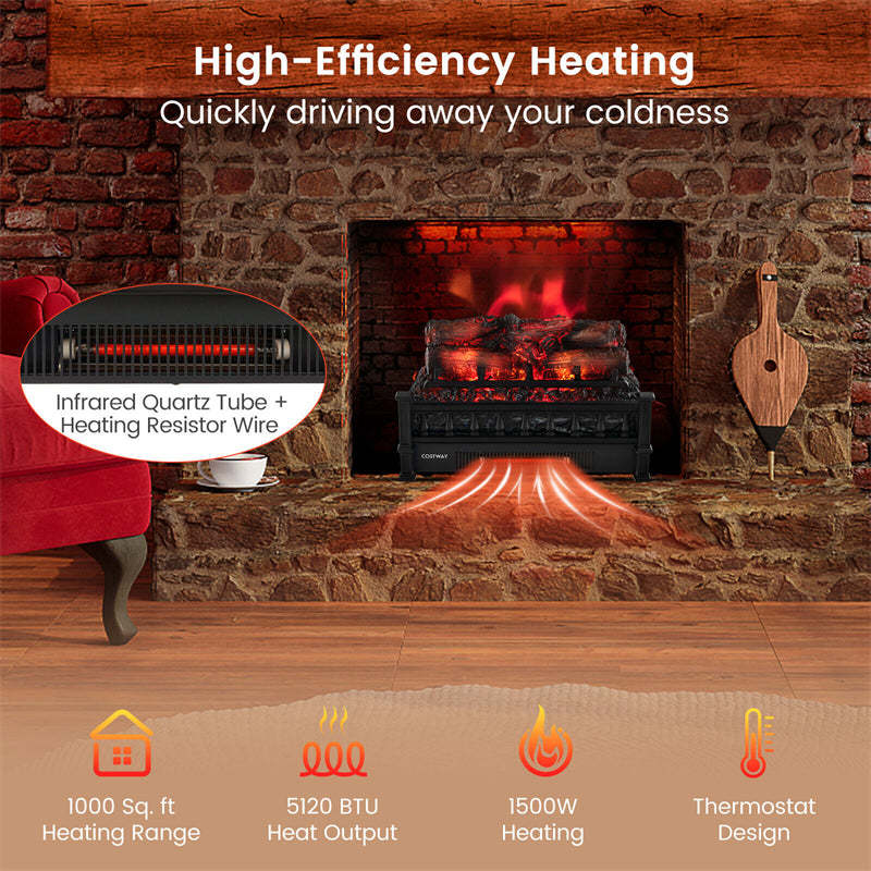 20" Infrared Quartz Fireplace Heater with Pinewood Ember Bed & Adjustable Temperature, 1500W Electric Fireplace Log Insert for Home Office Decor