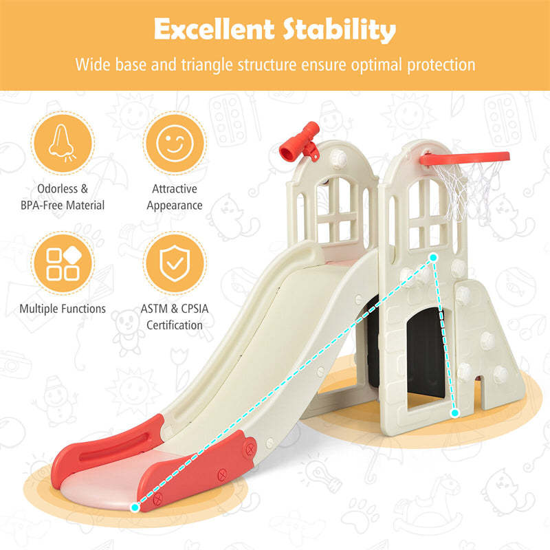 6-in-1 Large Slide for Kids, Toddler Climber Slide Playset with Basketball Hoop, Ring Toss, Freestanding for Indoor & Outdoor Use