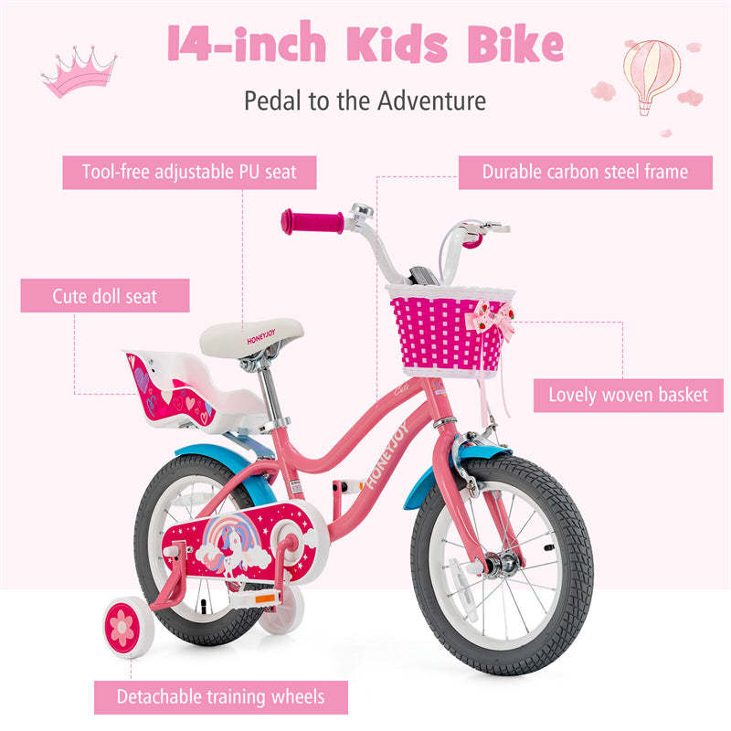 14 Inch Kids Bike, Children Bicycle with Removable Training Wheels, Basket, Adjustable Seat, Steel Frame for Boys & Girls Aged 3-9