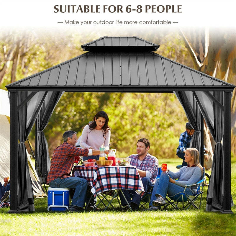 12' x 10' Double Vented Roof Hardtop Gazebo 2-Tier Outdoor Galvanized Steel Canopy