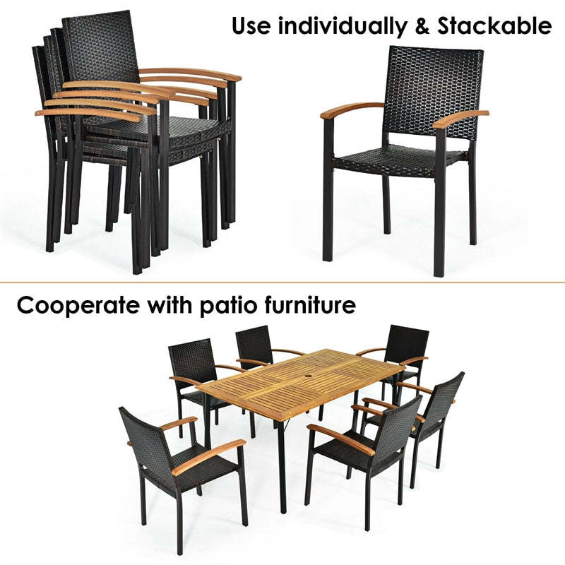 4 Pcs Stackable Outdoor Rattan Patio Dining Chairs with Galvanized Steel Frame