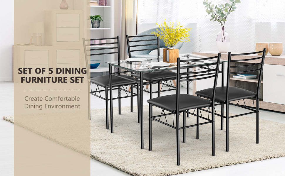 5 Piece Dining Table Set with Glass Top Table & 4 Upholstered Chairs Kitchen Room Furniture
