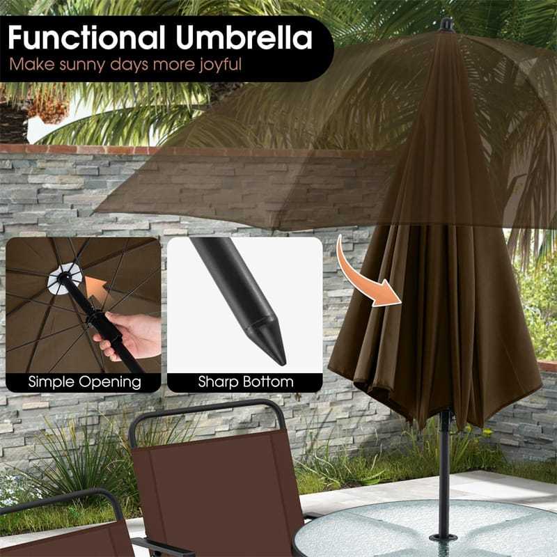 6 Piece Patio Dining Set Outdoor Folding Chairs Set with Tempered Glass Table & Tilt Umbrella, Patio Table and Chairs for Lawn Garden Yard