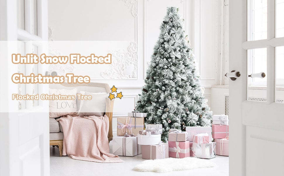 6ft Snow Flocked Hinged Christmas Tree with Pine Cone Red Berries