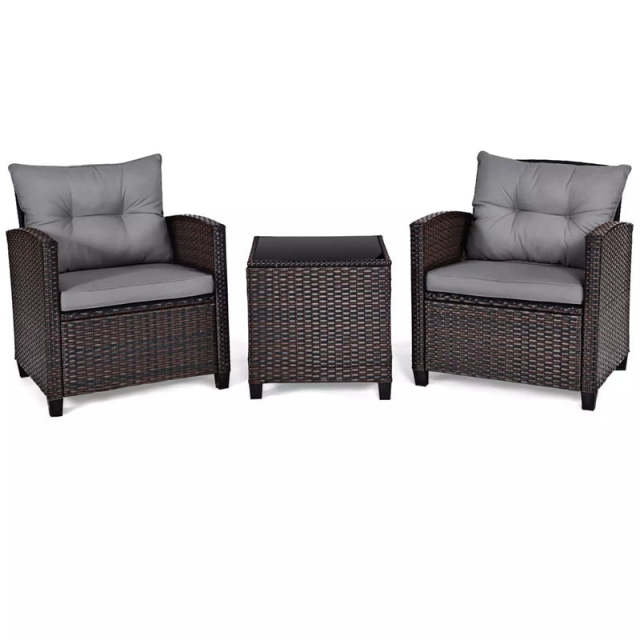 3PCS Rattan Patio Furniture Set with Washable Cushions & Tempered Glass Coffee Table, Outdoor Wicker Conversation Set for Garden, Balcony