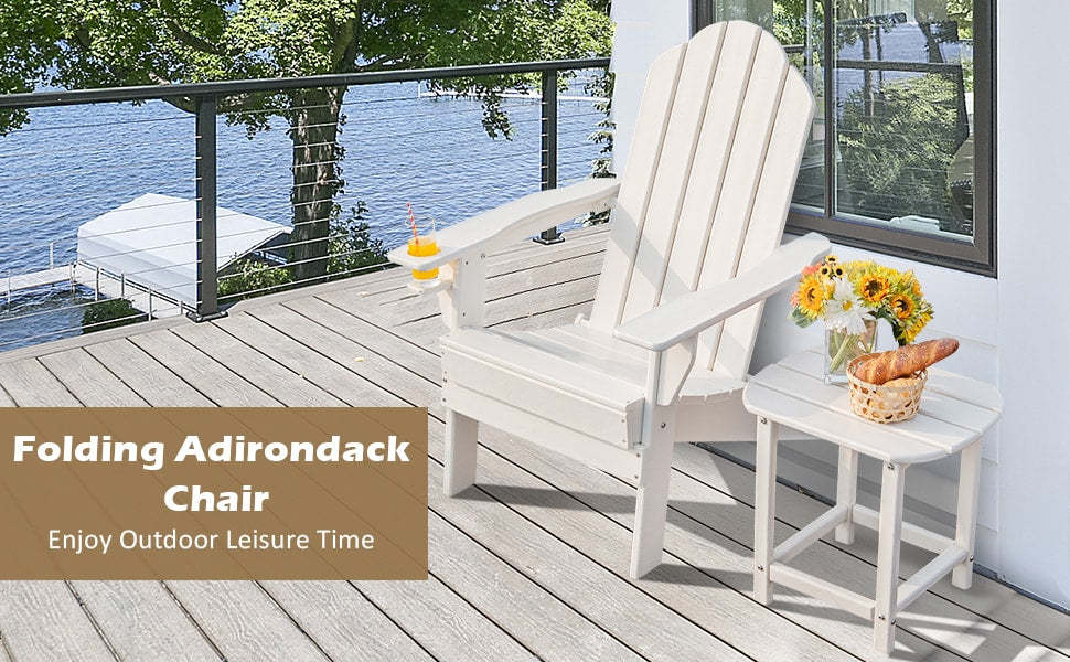 Outdoor Folding Patio Adirondack Chair with Built-in Cup Holder for Backyard Balcony