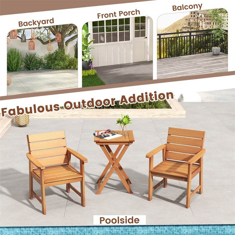 2 PCS Hardwood Patio Dining Chairs Ergonomic Outdoor Garden Chairs Dining Armchairs with Breathable Slatted Seats & Inclined Backrests
