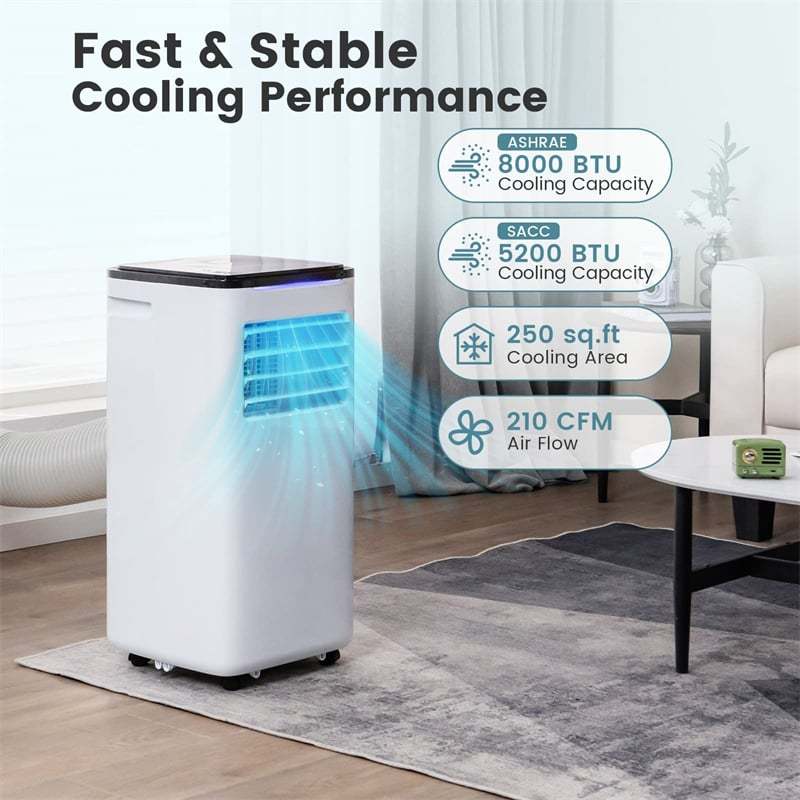8000 BTU Portable Air Conditioner 3-in-1 AC Unit for Room up to 250 Sq.Ft with Cool Fan Dehumidifier Sleep Mode, Remote Control & Window Kit