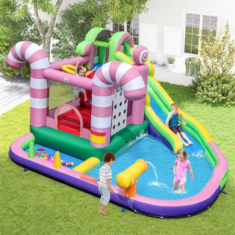 9-in-1 Inflatable Water Slide Bounce House Sweet Candy Backyard Bouncy Castle Waterpark Pool with GFCI 680W Blower, Climbing Wall & Tic-Tac-Toe