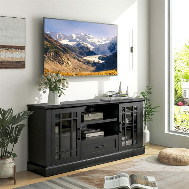 Farmhouse TV Stand for TVs up to 70", Entertainment Center Tall Media Console with 2 Glass Doors, Cubbies & Drawer, Living Room Storage Cabinet