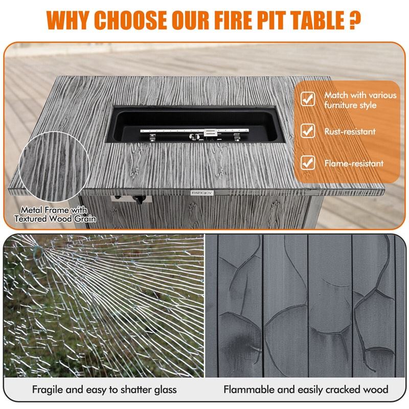 43" Rectangular Propane Fire Pit Table 50,000 BTU Outdoor Gas Fire Table with Wood Grain Tabletop, Metal Lid, Lava Rocks & Waterproof Cover