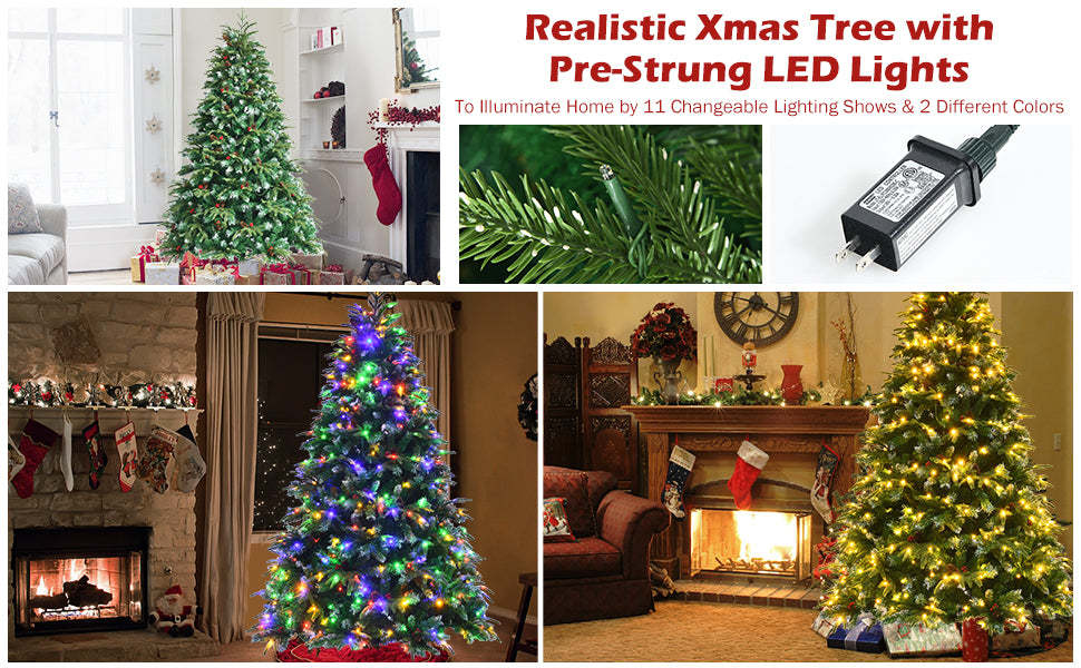 7FT Pre-Lit Snowy Hinged Artificial Christmas Tree with Multicolor LED Lights and Flash Modes