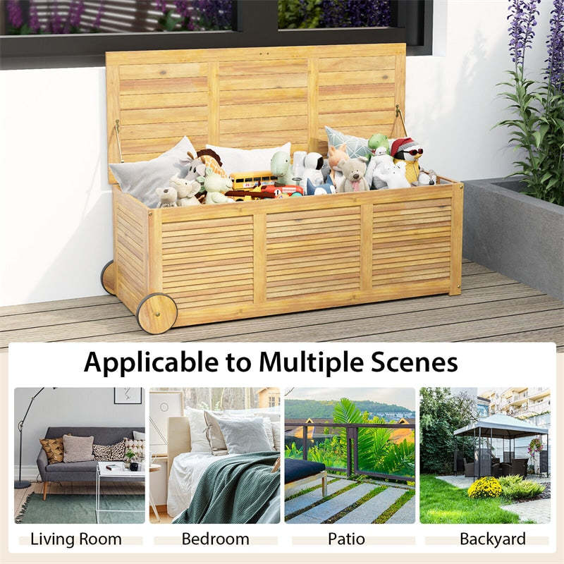 48 Gallon Acacia Wood Deck Box Outdoor Patio Storage Box with Wheels, Side Handle & Waterproof Fabric Cover