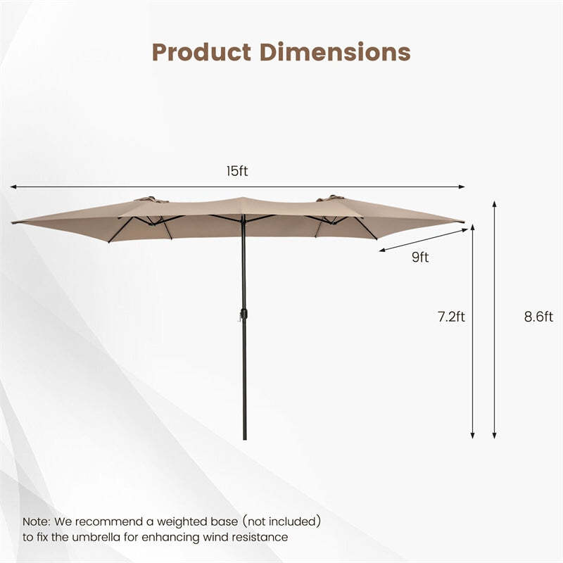 15FT Double-Sided Patio Umbrella with Crank Handle, Vented Top, 10-Rib Metal Frame, Large Twin Market Umbrella for Poolside, Deck, Lawn, Garden