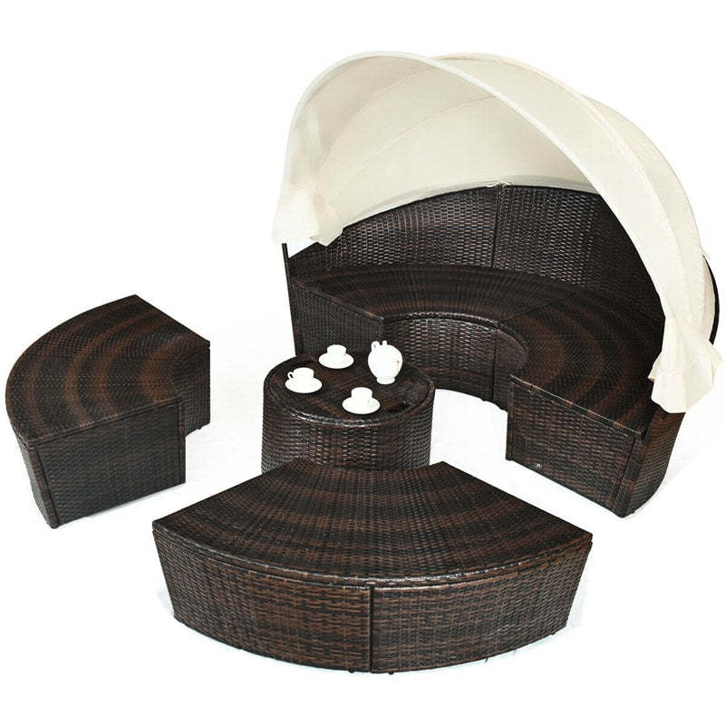 Round Patio Wicker Rattan Outdoor Daybed with Retractable Canopy - Brown