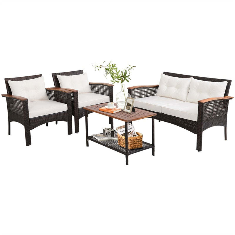 4-Piece Wicker Patio Furniture Set Acacia Wood Outdoor PE Rattan Sectional Sofa Set with Cushions & Coffee Table for Garden Backyard