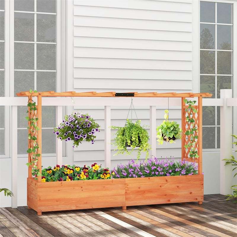 2PCS Raised Garden Bed with 2-Sided Trellis, Hanging Roof, Drainage Holes, Fir Wood Planter Box for Flowers, Herbs, Climbing Vines, Garden Patio Yard